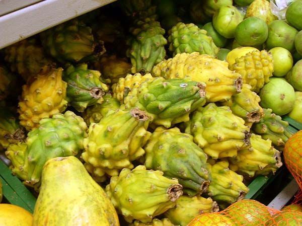 pitayas amarillas en un mercado colombiano
