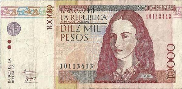 Anverso del billete de 10.000 COP colombiano
