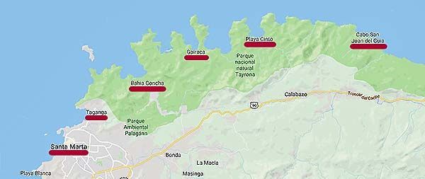mapa general del área de Santa Marta, Taganga y Tayrona