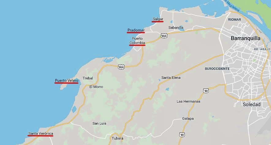 Mapa de las playas más cercanas a Barranquilla