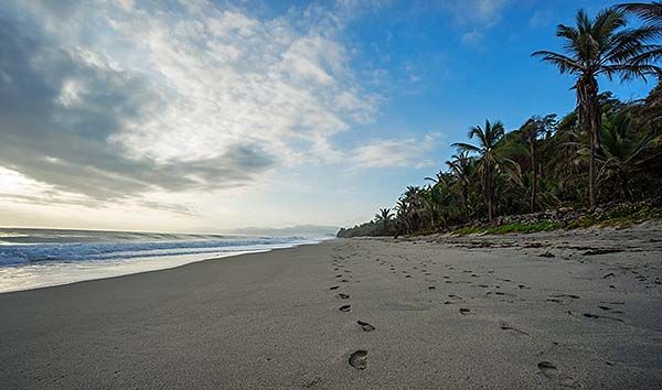 Huellas de pisadas en la arena blanca de una playa de Colombia