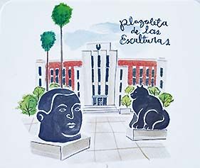 Esculturas de Botero y el museo al fondo (ilustración)
